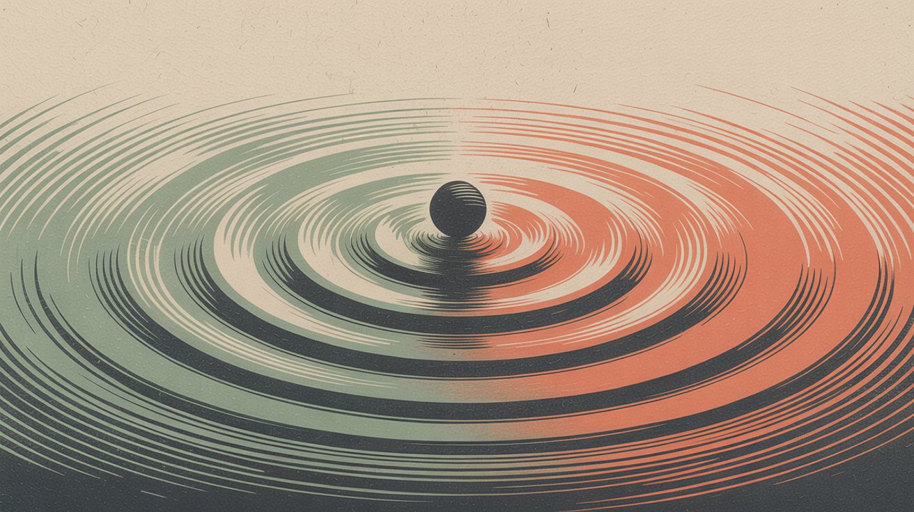 Minimalist editorial illustration of a central sphere creating ripples in split-tone colors of sage green and coral, symbolizing reinvention and lasting impact.