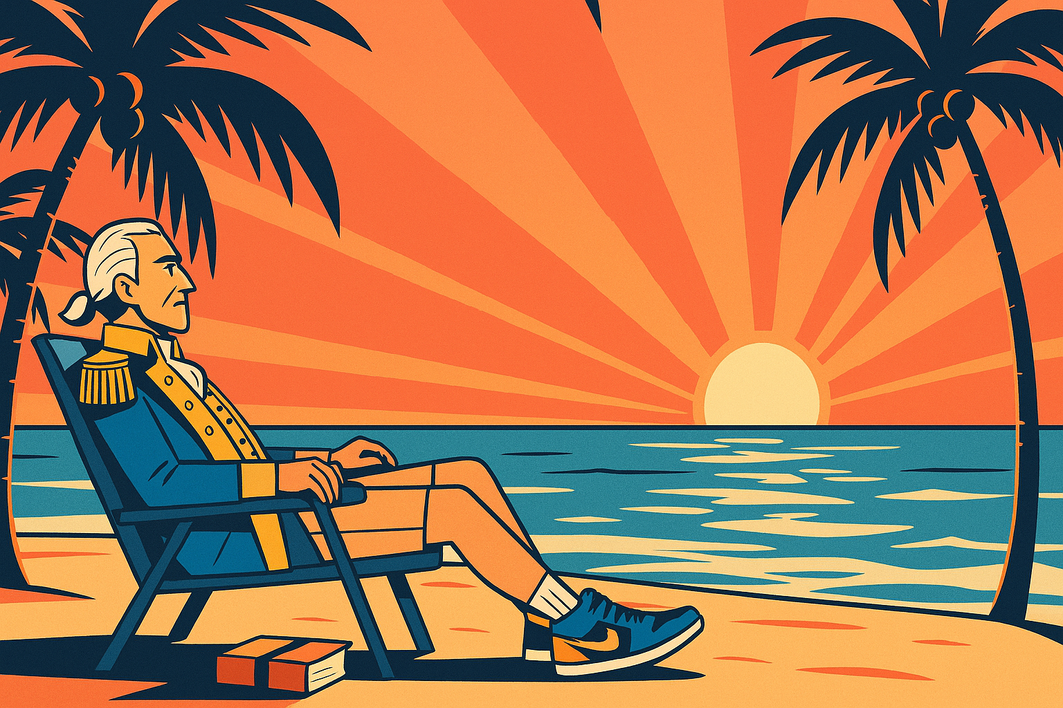 Illustrated scene of Alexander Hamilton relaxing on a tropical beach at sunset, wearing his traditional blue and gold 18th-century coat paired with tan shorts and blue sneakers. He sits in a beach chair beside a closed book, framed by palm trees as the orange and teal sky glows behind him.